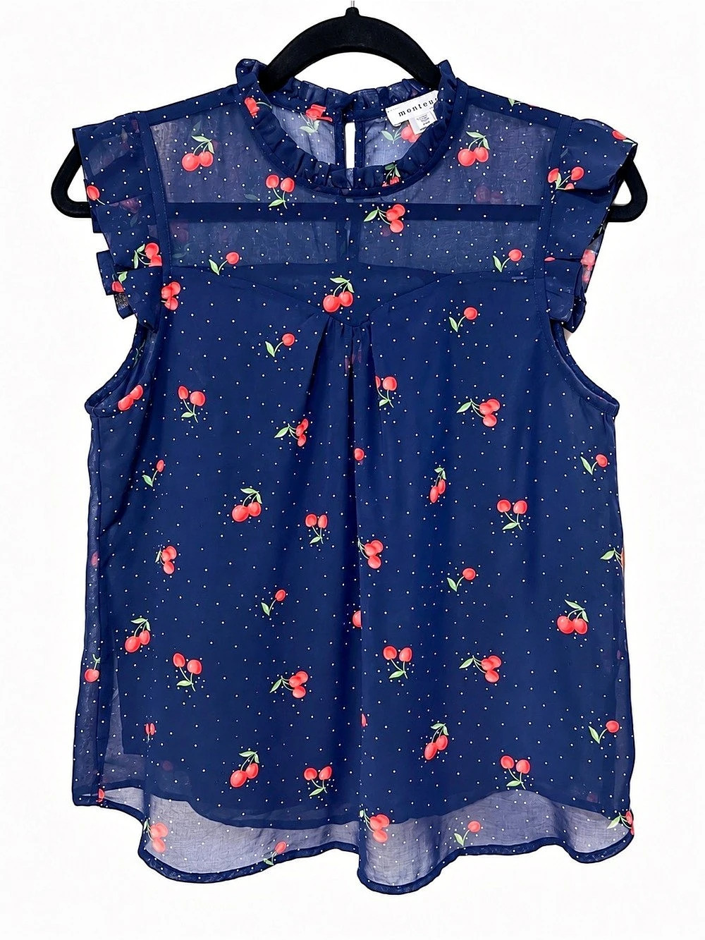 Monteau Cherry Print Blouse in Blue & Red